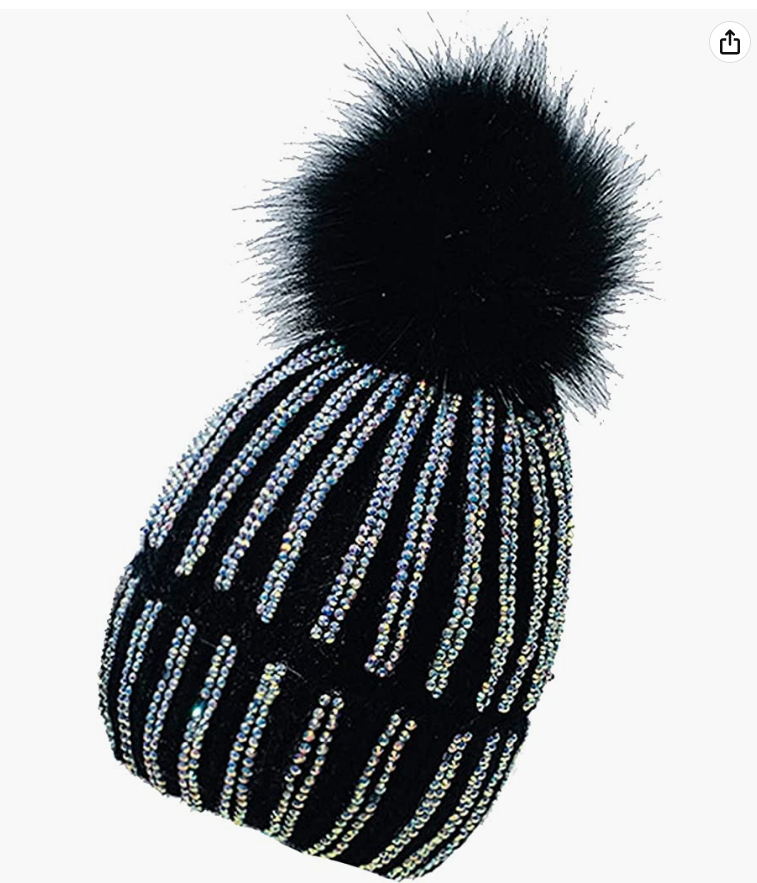 Womens Winter Sequin Beanie Hat Warm Knit Hat Thick Plush Lined Winter Cap hat Warmer for Girl Black 1011